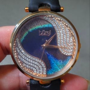 Burgi Women's Peacock Feather Australian Crystals, Leather Black Strap